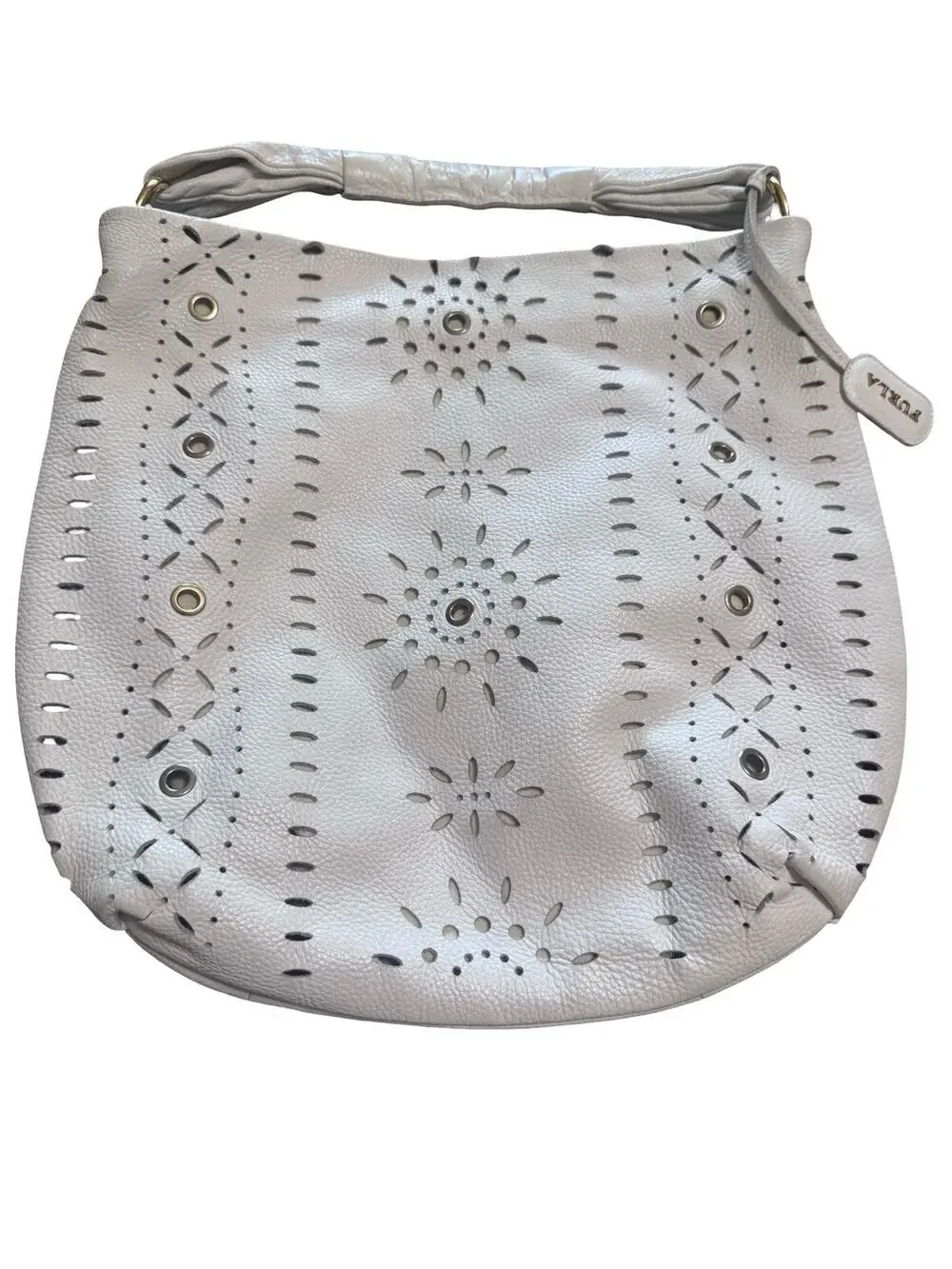 Furla White Leather Laser Cut Floral Hobo Shoulder Bag Tote 113683